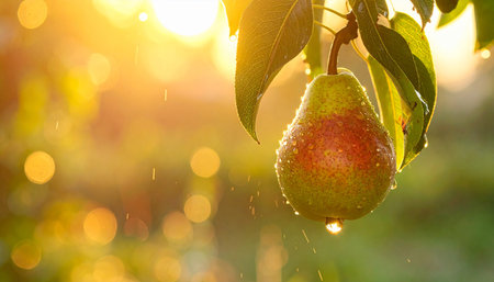Pear on the tree in the garden at sunset. Nature background.の素材