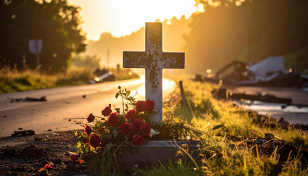 Cross on the grave in the cemetery at sunset. Halloween concept.の素材