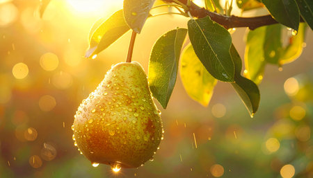 Ripe pears on a tree branch with drops of dewの素材