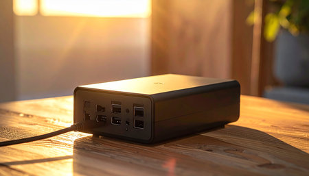 External hard drive on a wooden table. Selective focus with shallow depth of field.の素材