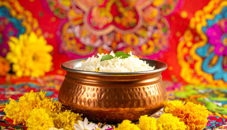 Rice in a copper bowl with marigold flowers and floral backgroundの素材