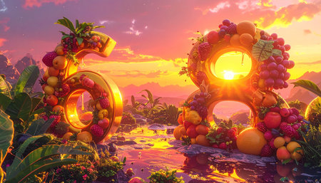 3d illustration of number six made up of fruits on the background of the sunsetの素材