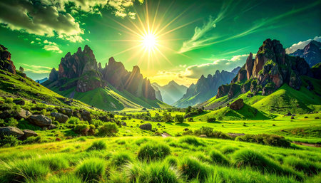 Fantastic summer landscape. Dramatic sunset over the mountains. Artistic style. Beauty world.の素材