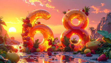 Number 68 made of fruits on the beach at sunset. 3d illustrationの素材