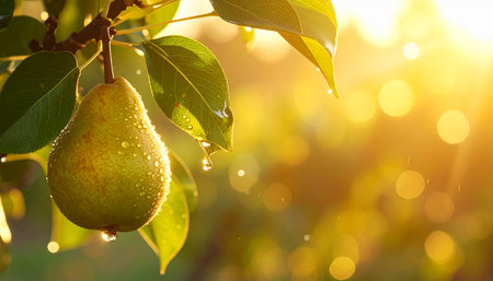 Ripe pears on a tree branch in the rays of the setting sunの素材