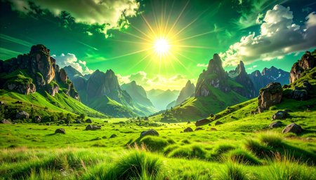 Fantastic summer landscape. Dramatic sunset over the meadow.の素材