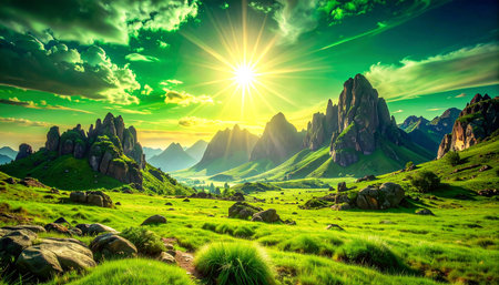 Fantastic sunset in the mountains. Dramatic scene. Beauty world.の素材