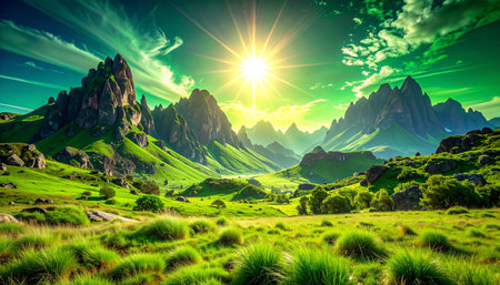 Beautiful summer landscape in the mountains. Sunrise over the meadow.の素材