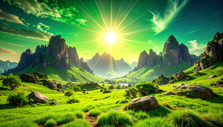 Colorful fantasy landscape. Sunrise over the meadow and mountains.の素材