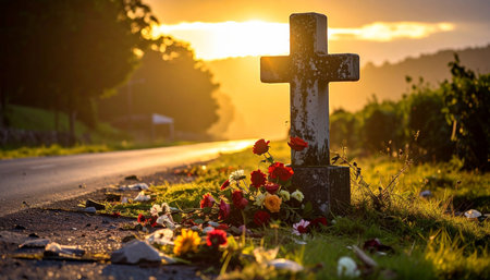 Cross and flowers on the grave in the cemetery at sunset. The concept of funeral sorrow.の素材
