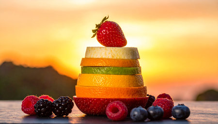 Fruit pyramid on a table in front of a sunset background.の素材