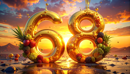 Number sixty-six made of 3d realistic fruits and berries on the beach with sunset sky backgroundの素材