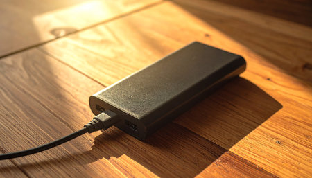 External hard drive on the wooden floor, closeup of photo.の素材