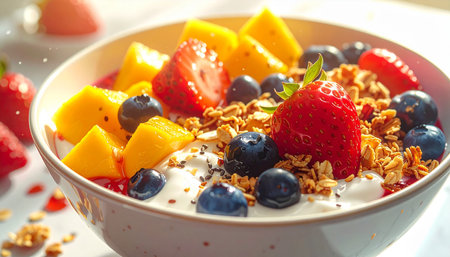 Healthy breakfast with yogurt, fresh berries and granola, selective focusの素材