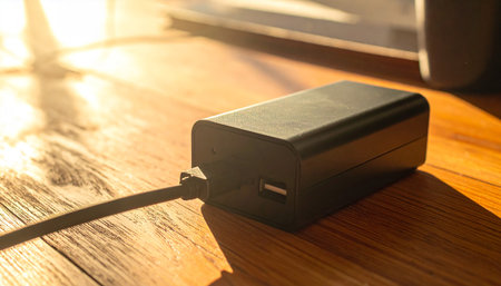 Power bank on a wooden table in sunlight. Selective focus.の素材