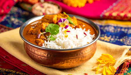 Indian chicken tikka masala with rice in a copper bowlの素材