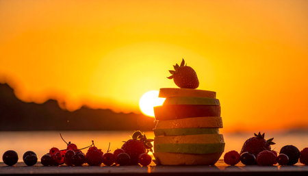 Fruit on the beach at sunset. Summer vacation concept. Close up.の素材
