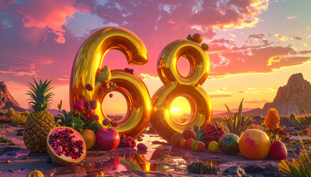 80 Years Anniversary Celebration. Number sixty-eight with tropical fruits. 3d renderの素材