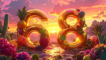 Fantasy landscape with the number sixty in the form of a pineappleの素材