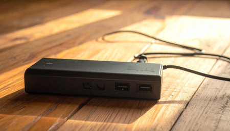 External hard drive on the wooden floor. Selective focus with shallow depth of field.の素材