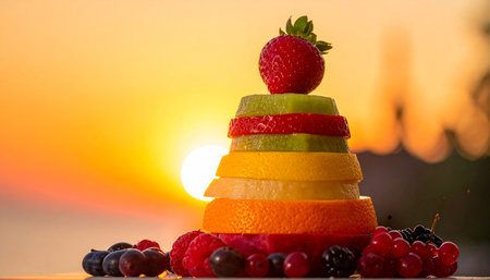 Fruit pyramid on the table against the background of the setting sunの素材