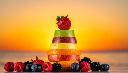 Fruit pyramid on a sunset background. Healthy eating and dieting concept.の素材