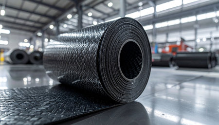 Rolls of black polycarbonate for roofing in a warehouseの素材