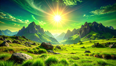 Green meadow with rocks and sun on the background of mountains.の素材