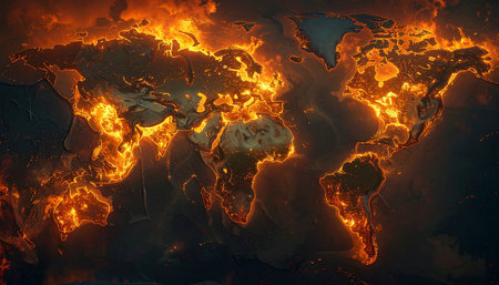 Map of the world. Fire and smoke on a dark background.の素材