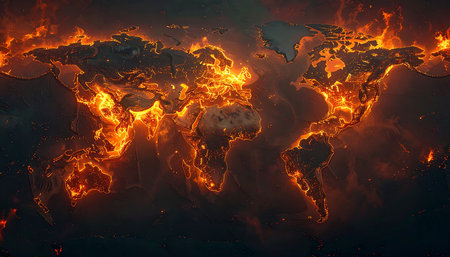Map of the world in fire. 3d rendering. Illustration.の素材