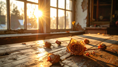Dried rose on the wooden table in front of the window at sunsetの素材