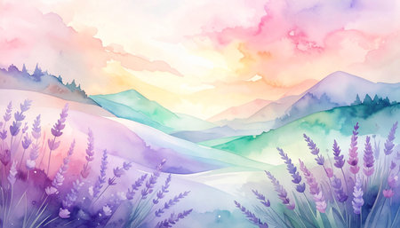 Watercolor landscape with mountains, clouds and lavender flowers. Vector illustration.の素材