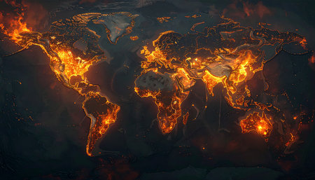 Global warming concept. Burning world map. 3d render illustration.の素材