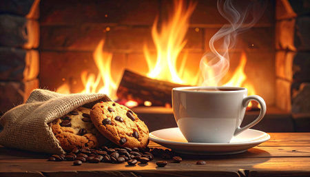 Cup of coffee with cookies on wooden table in front of fireplaceの素材
