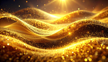 Golden wave with glitter particles. 3d rendering, 3d illustration.の素材