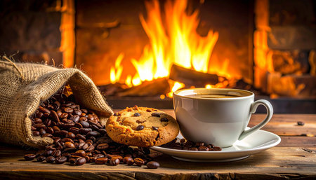 Coffee cup with coffee beans and cookies in front of fireplaceの素材