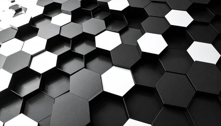 Black and white hexagonal background. 3d render illustration. Hexagon pattern.の素材