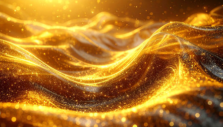 Golden glowing waves with bokeh effect. Abstract background. 3d renderingの素材