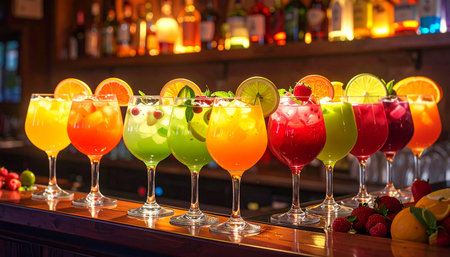 Colorful cocktails in a row on the bar counter in a nightclubの素材