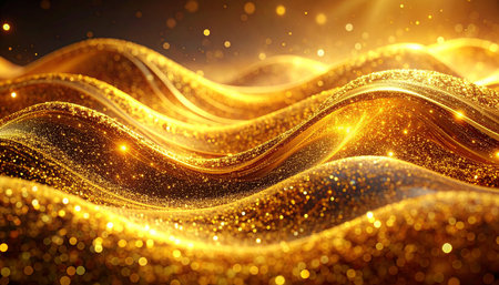 3d render of golden wavy background with glittering sparklesの素材