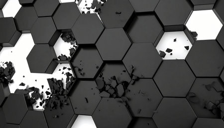 Broken black hexagons on white background. Abstract 3d render illustrationの素材
