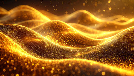 Golden particles wave abstract background. 3d rendering, 3d illustration.の素材