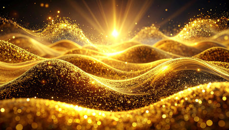 Golden abstract wave background with glittering particles. 3d render illustrationの素材