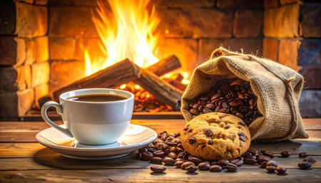 Coffee cup with cookies and coffee beans on wooden table in front of fireplaceの素材