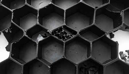 Honeycomb close-up in black and white. Abstract hexagonal background.の素材