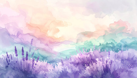 Watercolor lavender field landscape. Pastel colors. Vector illustration.の素材