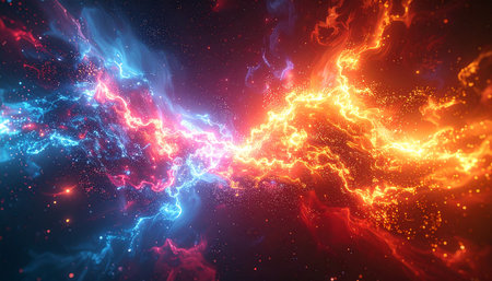 3D illustration of an abstract fractal background with bright glowing particlesの素材