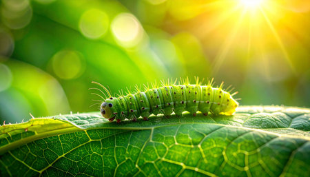 Caterpillar on green leaf with sunbeams in the morningの素材
