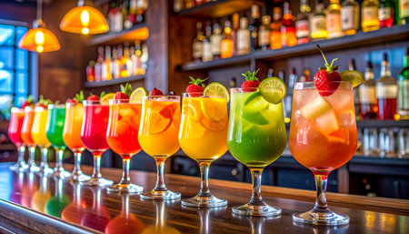 Colorful cocktails in a row on the bar counter in a nightclubの素材