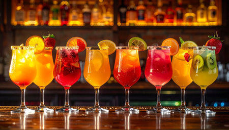 Variety of alcoholic cocktails on the bar counter in a nightclub.の素材